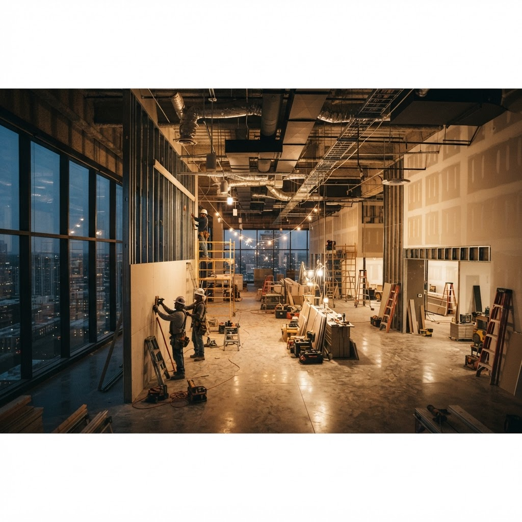 Sparta Contractors crew remodeling the interior of a modern commercial space